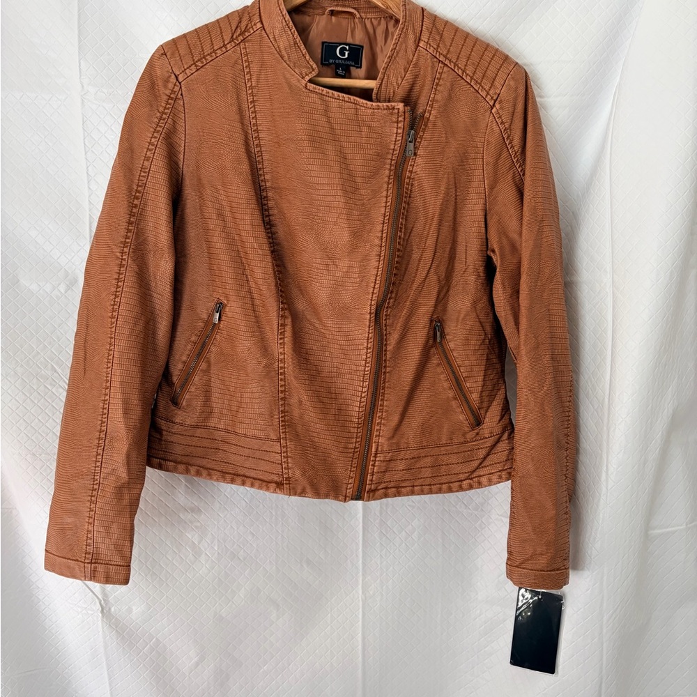 G by Giuliana Cognac Brown Textured Moto Jacket